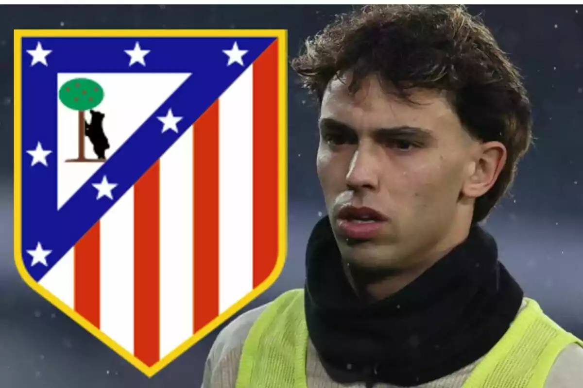 A player with a black scarf and a yellow vest appears next to the Atlético de Madrid crest.