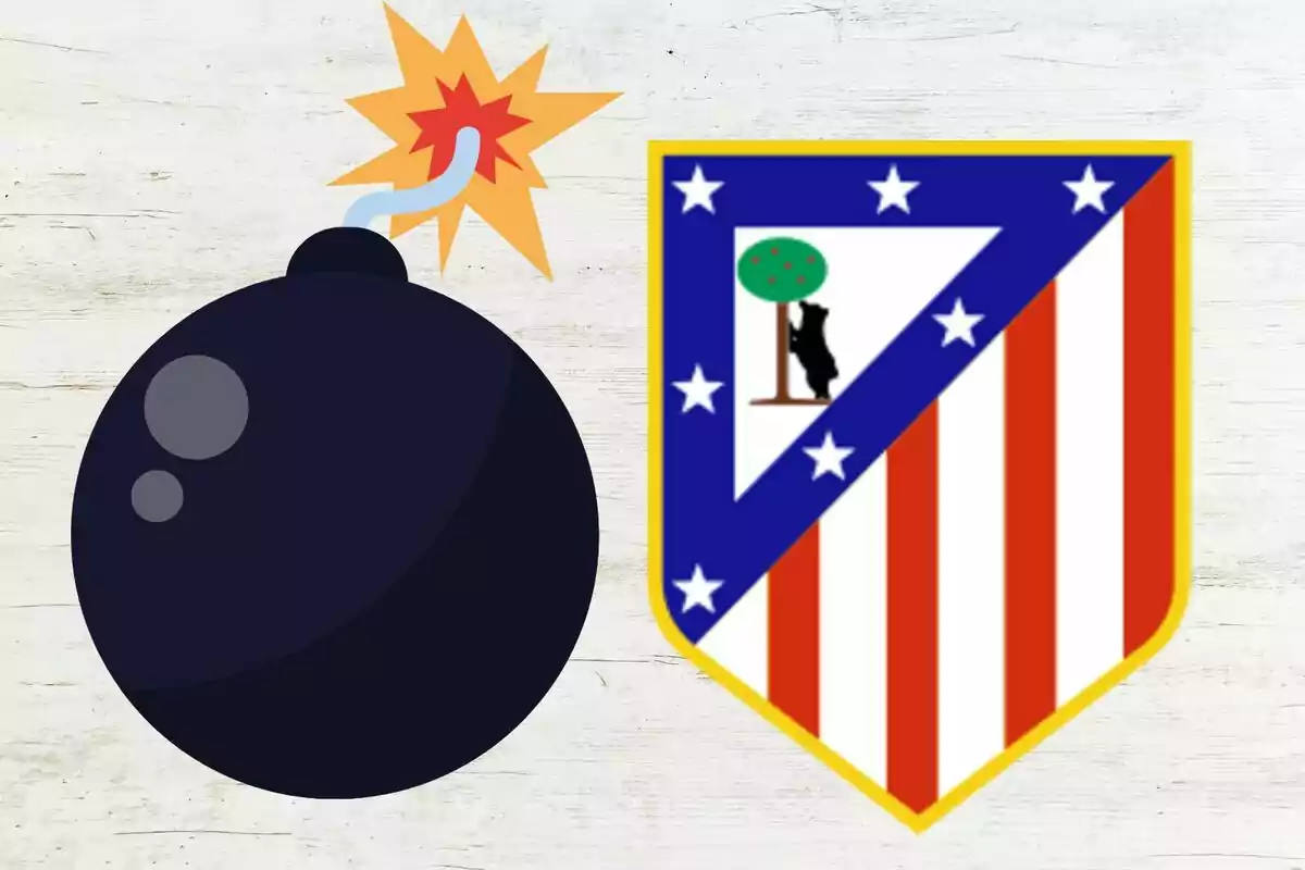 An illustration of a black bomb with a lit fuse next to a soccer shield with red and white stripes and a bear next to a tree.