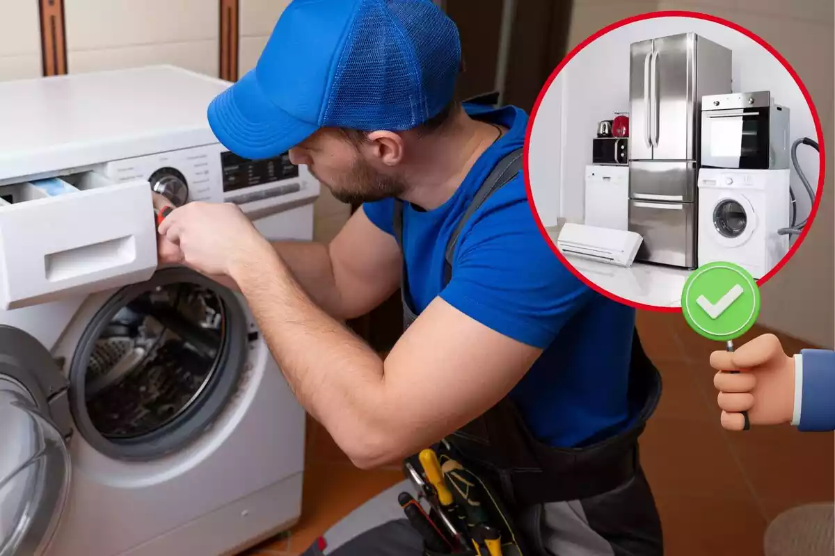 Imagen de fondo de un técnico reparando una lavadora junto a otra imagen de varios electrodomésticos juntos y un emoticono de una mano gesto de aprobación