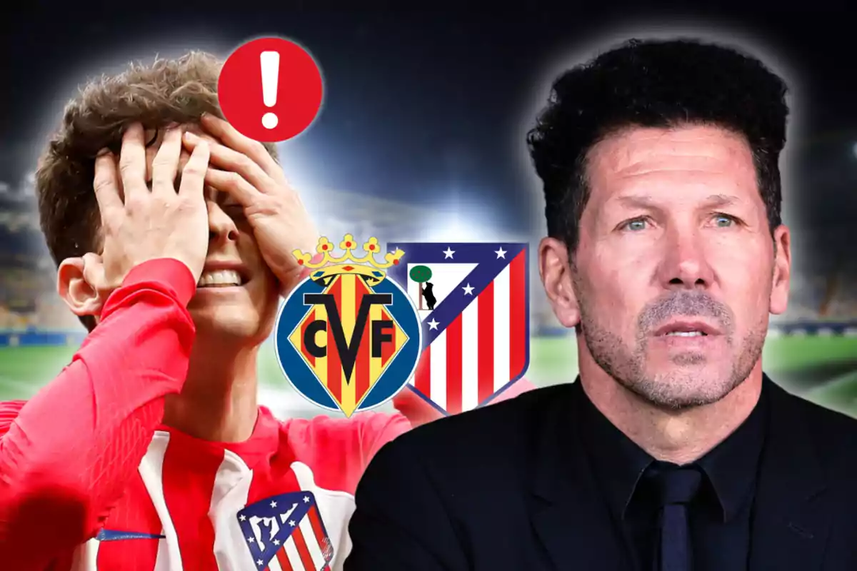 Un jugador del Atlético de Madrid se cubre el rostro con las manos en señal de frustración, mientras que un entrenador del equipo observa con una expresión seria; en el fondo, se ven los escudos del Villarreal CF y del Atlético de Madrid.