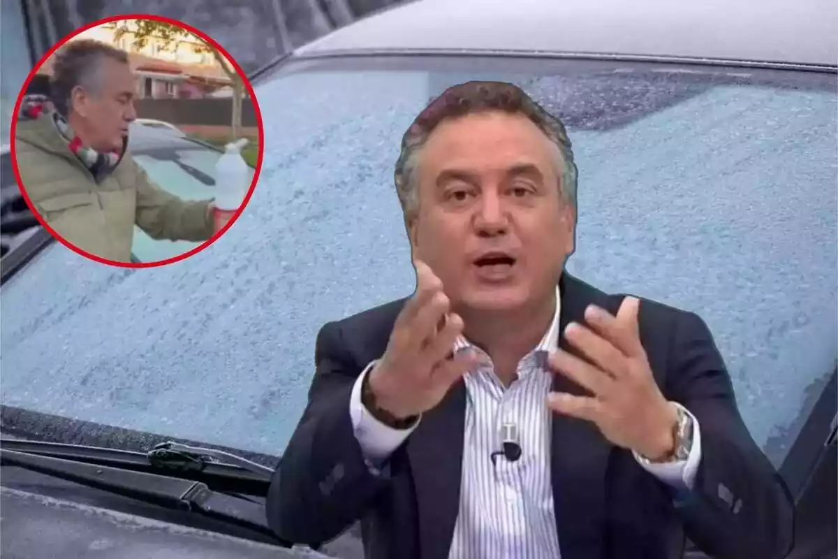 Imagen de fondo de un coche con un parabrisas congelado, junto a otra de Roberto Brasero en primer plano y otra de Roberto Brasero con un bote en la mano