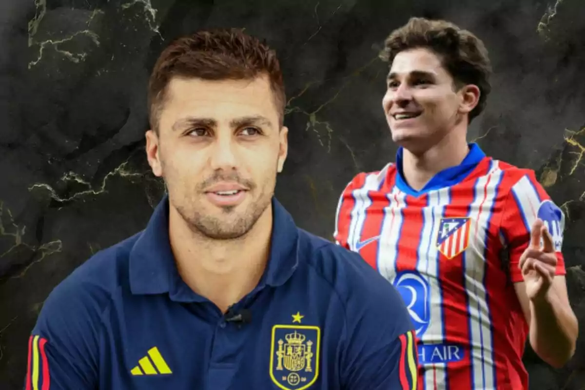 Two men in sports jerseys, one wearing the Spanish national team jersey and the other wearing that of Atlético de Madrid, on a dark background with gold details.