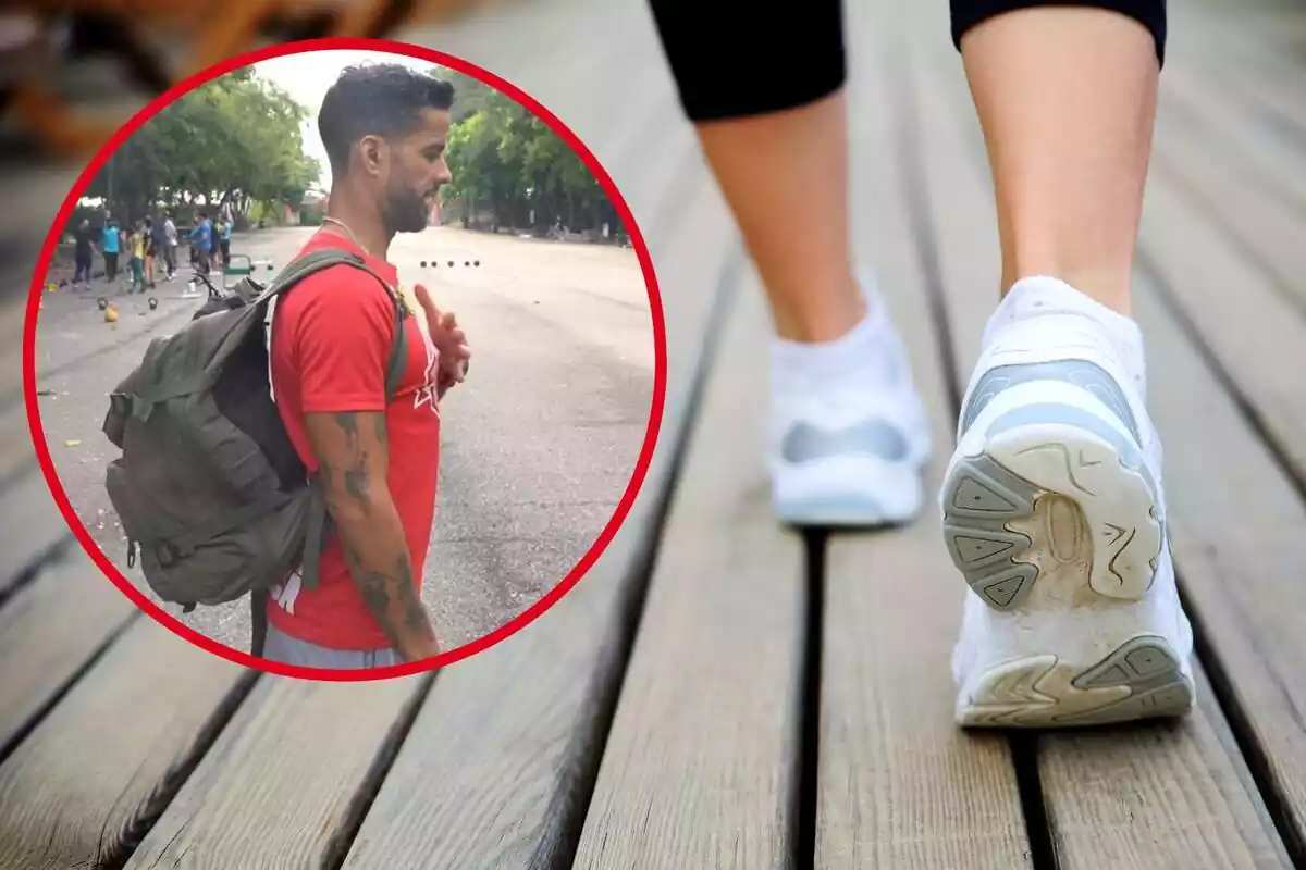 Imagen de fondo de los pies de una persona caminando por la calle junto a otra imagen de un hombre con una mochila puesta