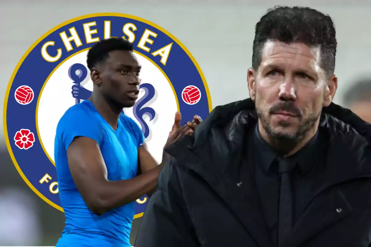 Imagen de Samu Omorodion y Simeone en un montaje con el escudo del Chelsea