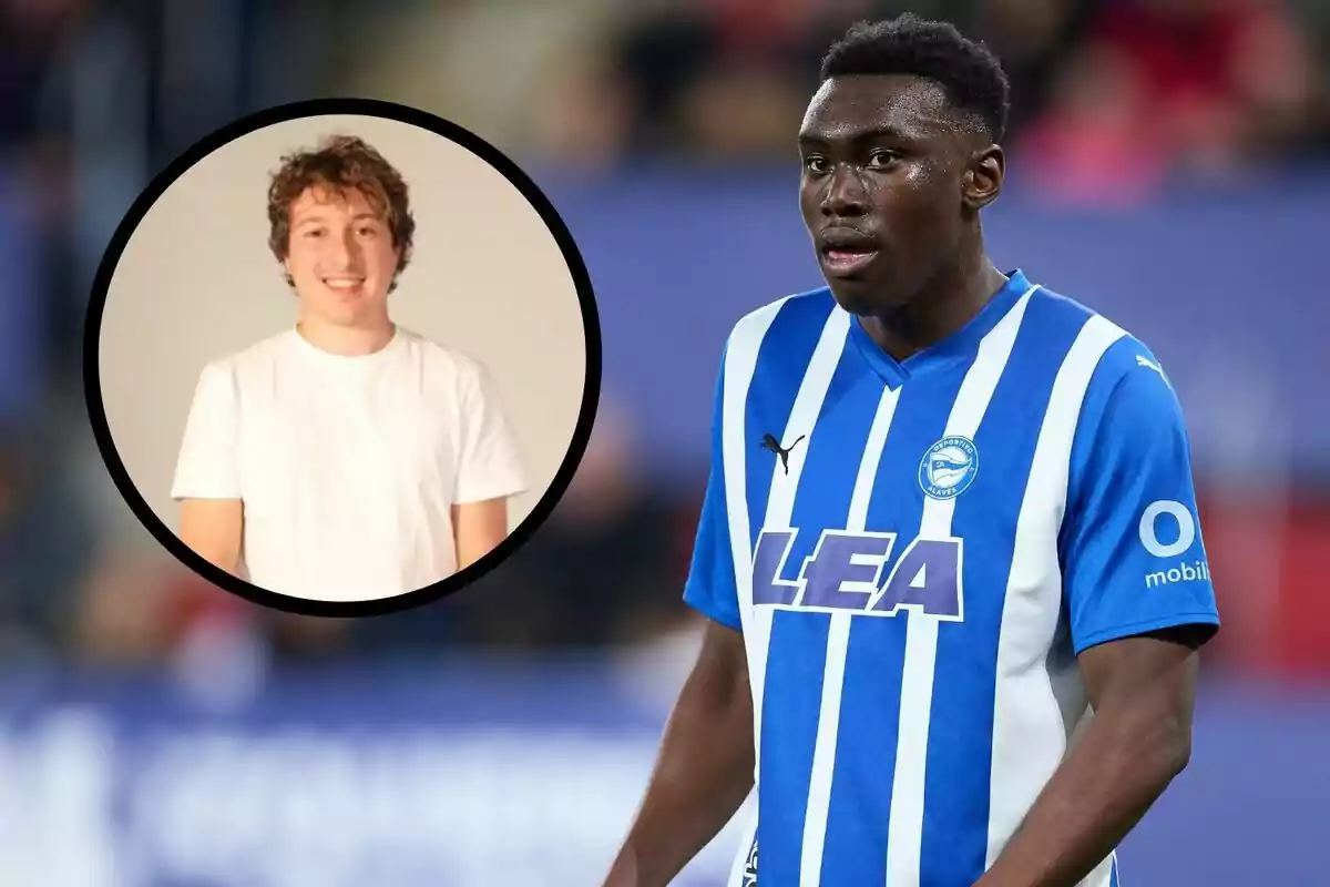 Un jugador de fútbol con el uniforme del Deportivo Alavés y un retrato de un hombre joven con camiseta blanca en un círculo superpuesto.