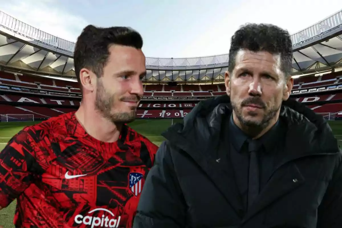 Dos personas en un estadio de fútbol, una con una camiseta roja y negra del Atlético de Madrid y la otra con una chaqueta negra.