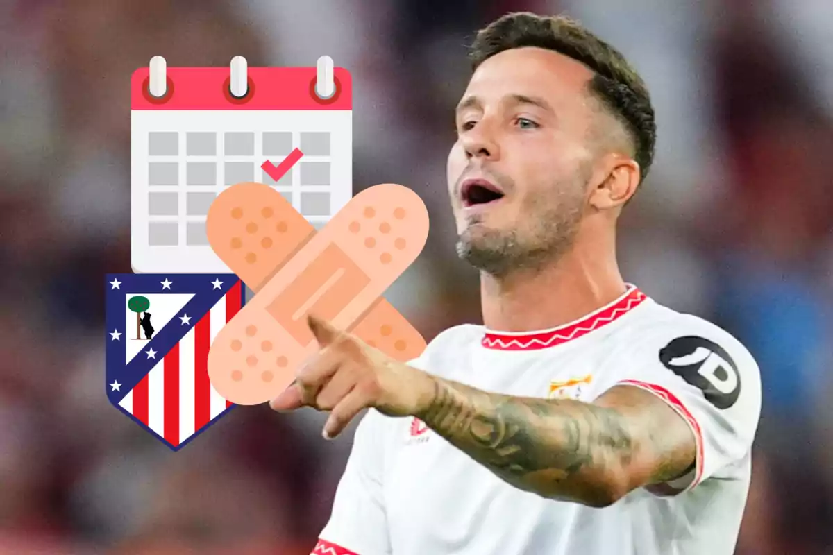 Un jugador de fútbol con uniforme blanco y rojo aparece en la imagen, junto a un calendario con una marca de verificación, el escudo del Atlético de Madrid y una imagen de curitas.