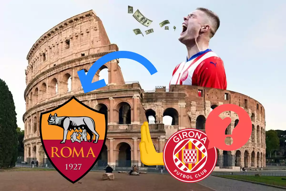 Un jugador de fútbol con la camiseta del Girona FC aparece sobre el Coliseo de Roma, con billetes volando hacia él, mientras un escudo de la AS Roma y una flecha azul apuntan hacia el jugador.