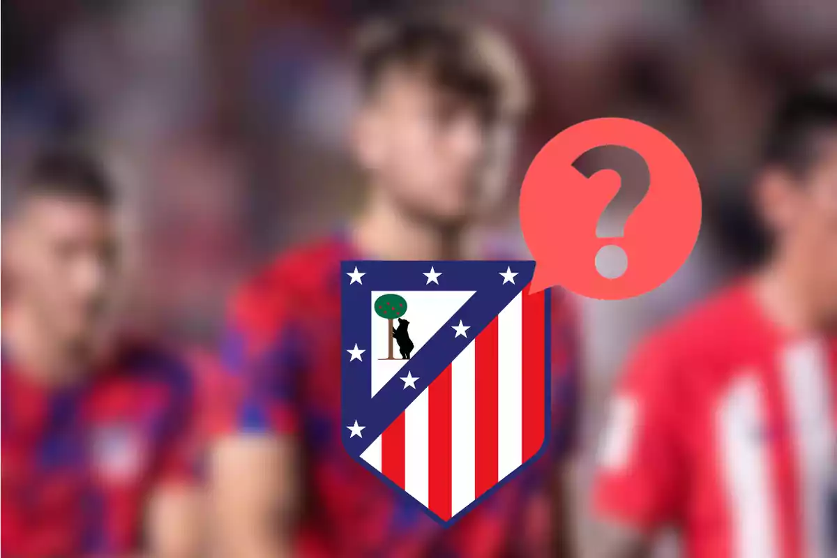 Jugadores del Atlético de Madrid con el logo del equipo y un signo de interrogación.