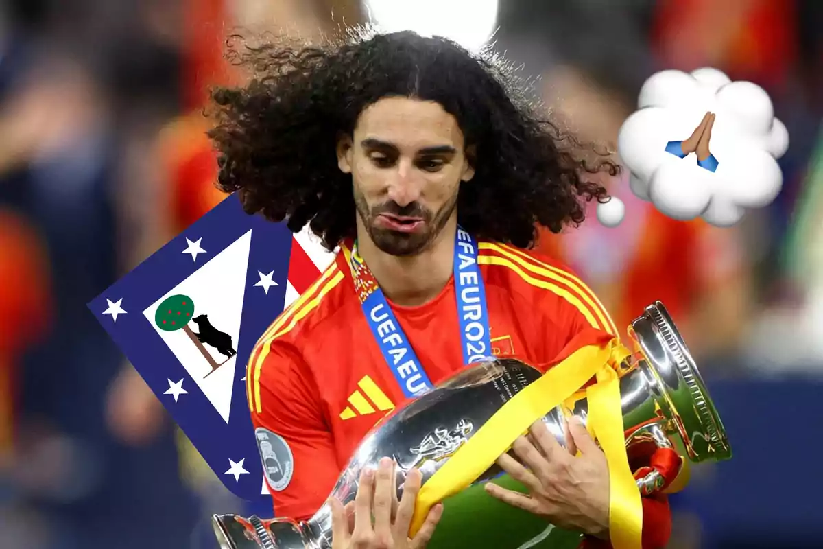 Un jugador de fútbol con la camiseta de España sostiene un trofeo de la UEFA Euro 2020, con un fondo de bandera y un emoji de manos rezando en un globo de pensamiento.