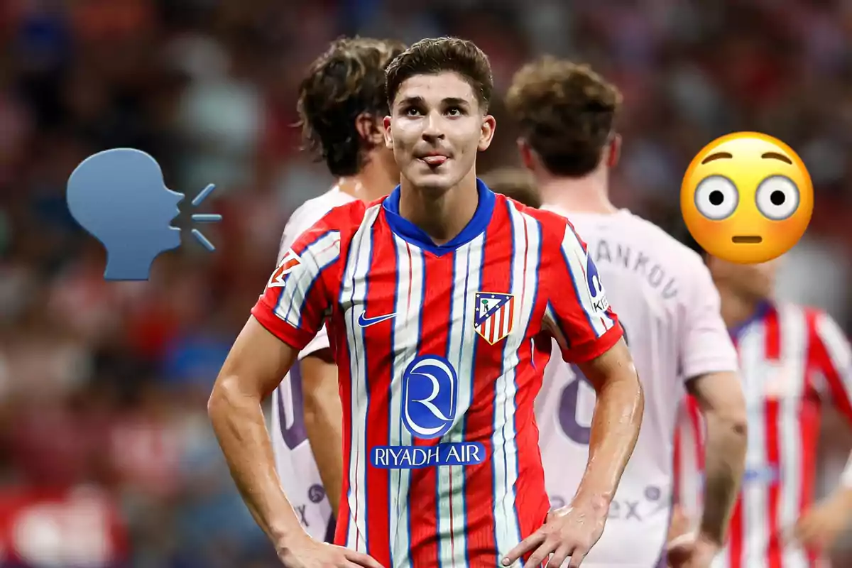 Jugador de fútbol con la camiseta del Atlético de Madrid en el campo, con emojis de una cara sorprendida y una cabeza hablando.