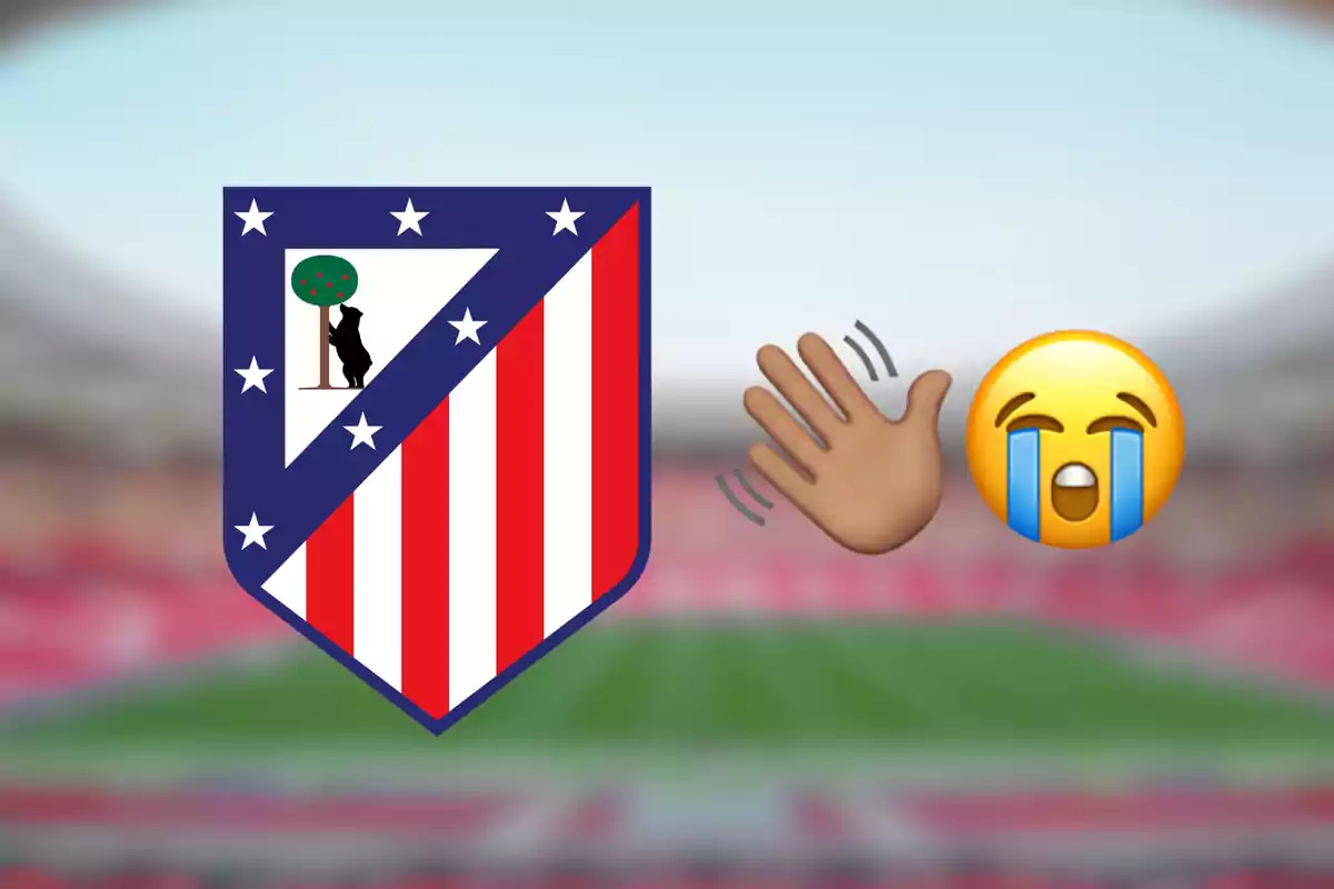 Escudo del Atlético de Madrid junto a un emoji de mano saludando y un emoji llorando sobre un fondo de estadio desenfocado.