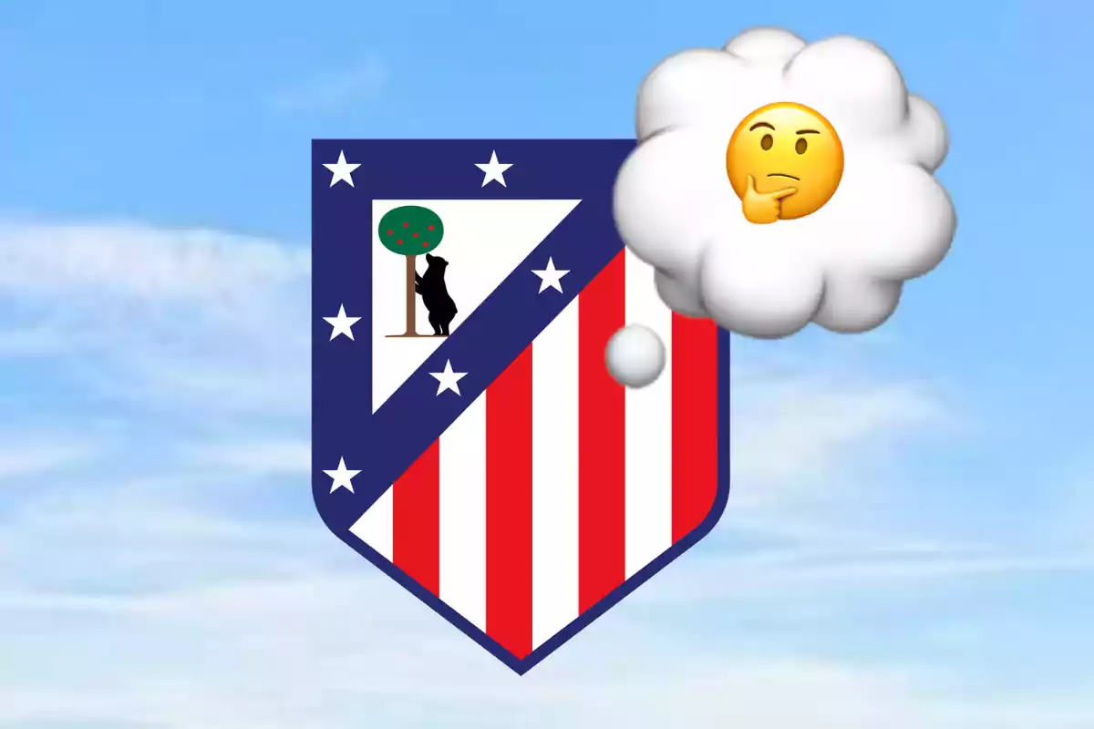 Escudo del Atlético de Madrid con un emoji de pensamiento sobre un fondo de cielo azul.