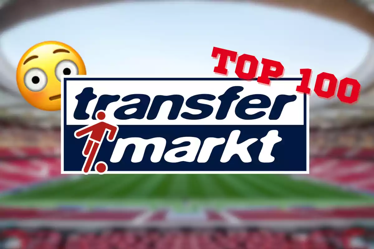 Logo de Transfermarkt con un emoji sorprendido y el texto "TOP 100" en un estadio de fútbol desenfocado.