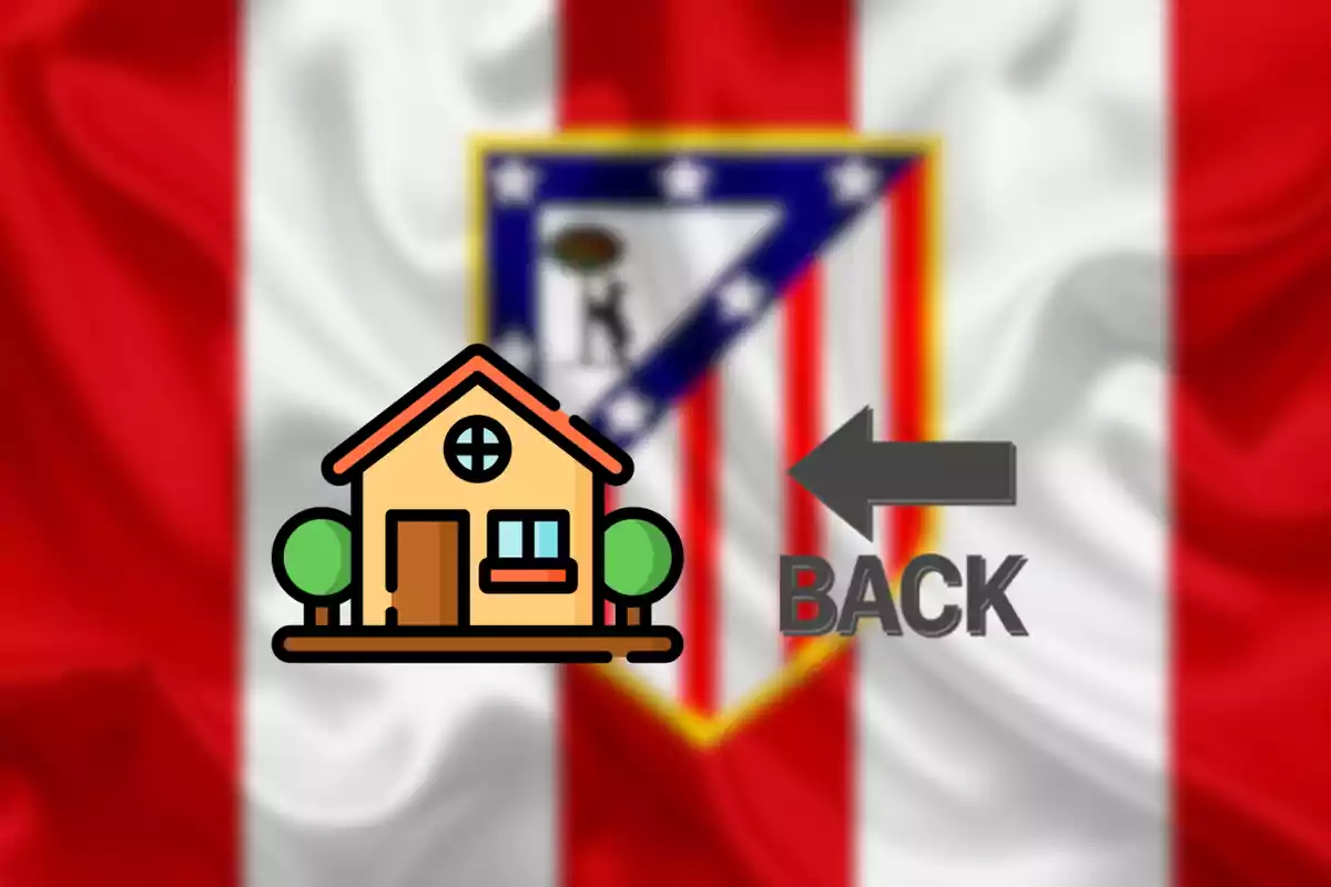 Una casa y una flecha con la palabra "BACK" sobre un fondo con el escudo de un equipo de fútbol.