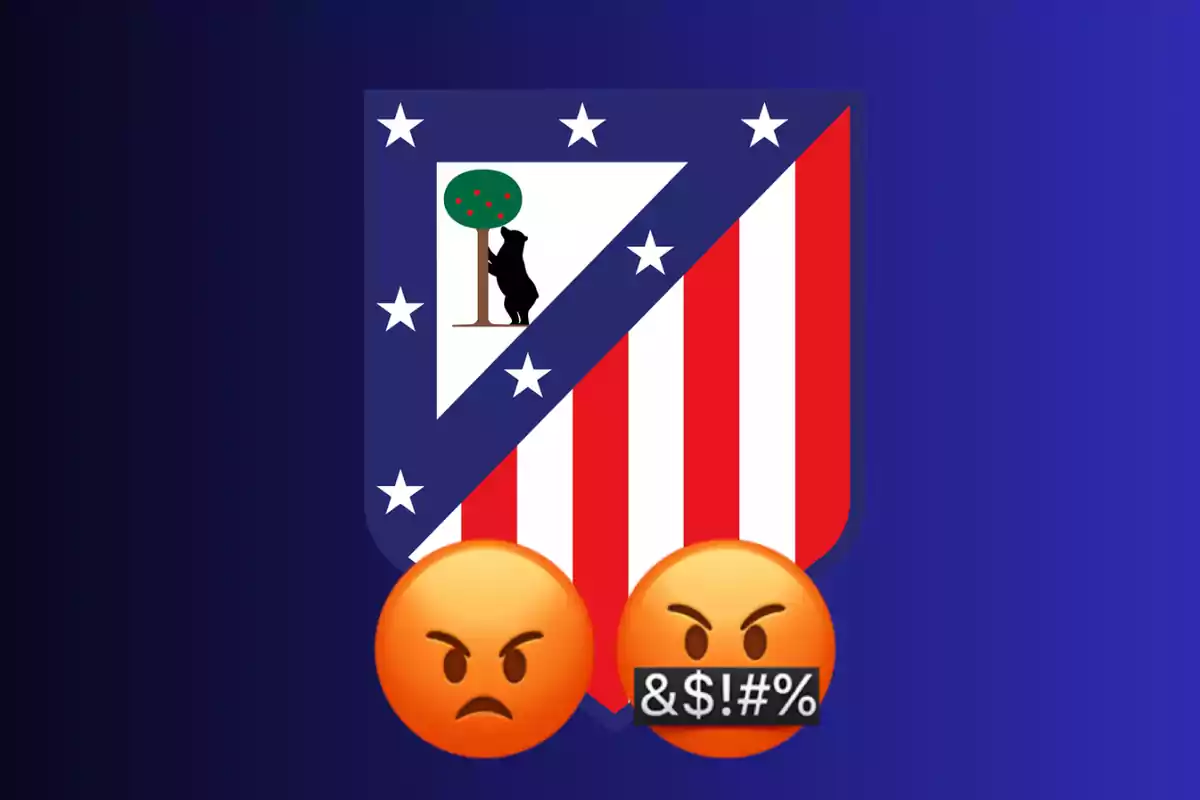 Escudo del Atlético de Madrid con dos emojis de enojo superpuestos.