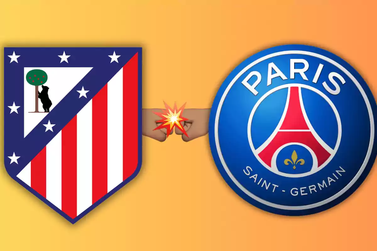 Escudos de Atlético de Madrid y Paris Saint-Germain con un choque de puños en el centro.