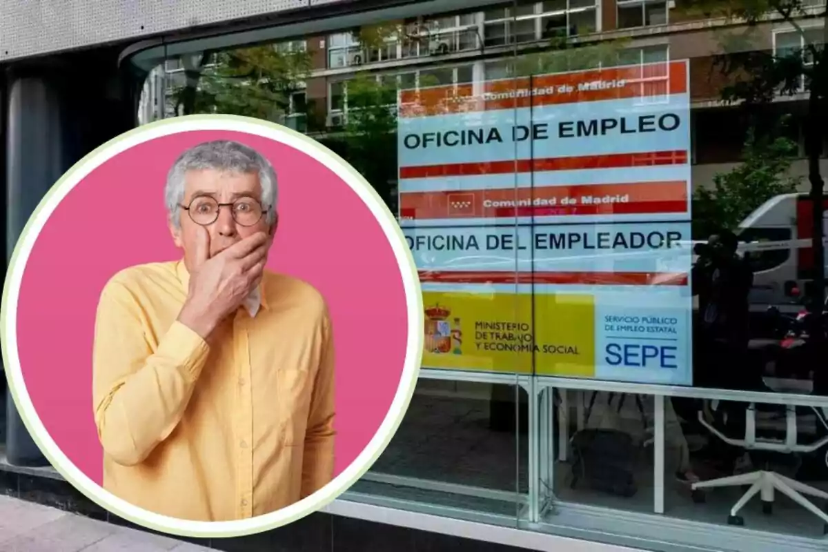 Un hombre mayor con expresión de sorpresa se encuentra en un recuadro sobre una imagen de una oficina de empleo de la Comunidad de Madrid.