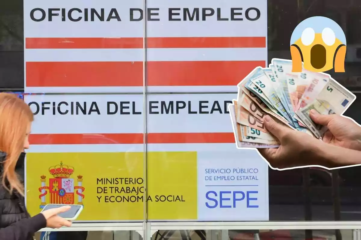Imagen de fondo de una oficina de empleo del SEPE junto a otra imagen de una persona con las manos llenas de billetes de euros y un emoticono encima con expresión de susto