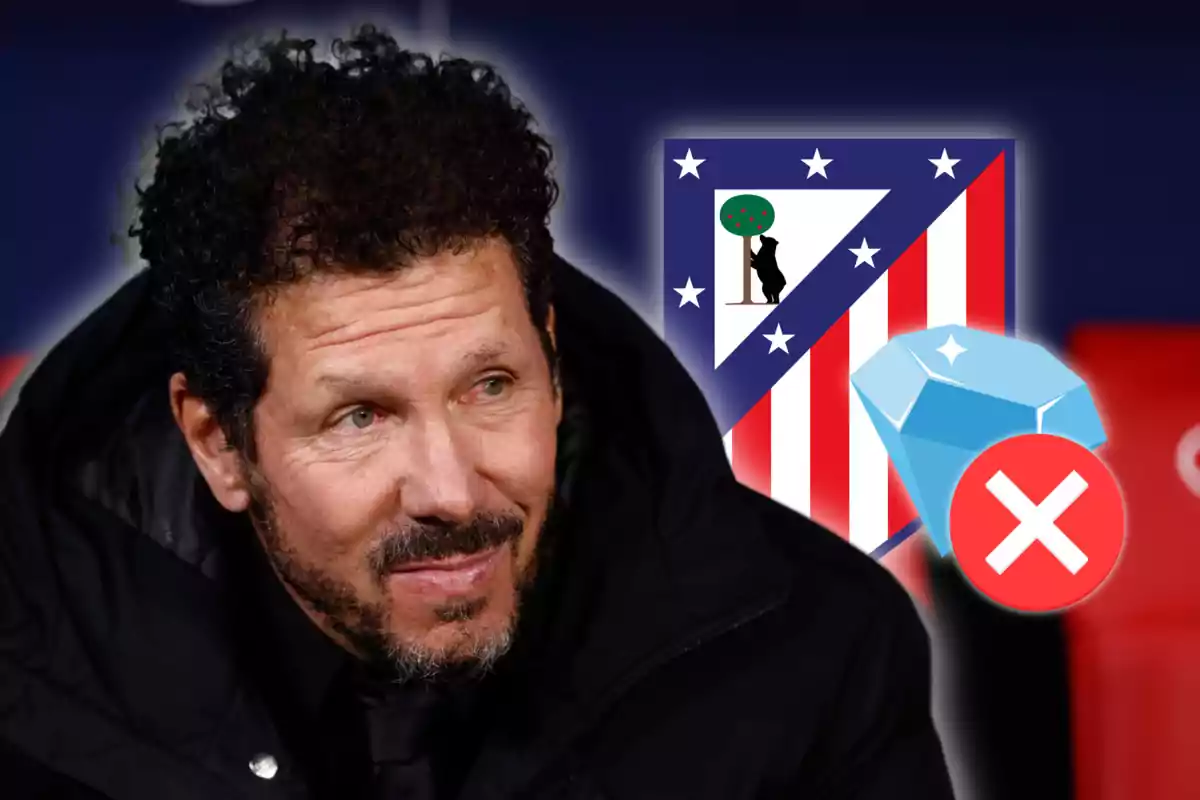 Un hombre con barba y cabello rizado mira hacia un lado, con el escudo del Atlético de Madrid y un ícono de diamante con una cruz roja en el fondo.