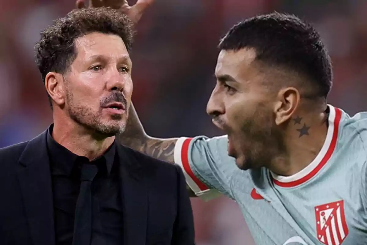 Un hombre con traje negro y barba está al lado de un jugador de fútbol con uniforme gris y rojo que está gritando.