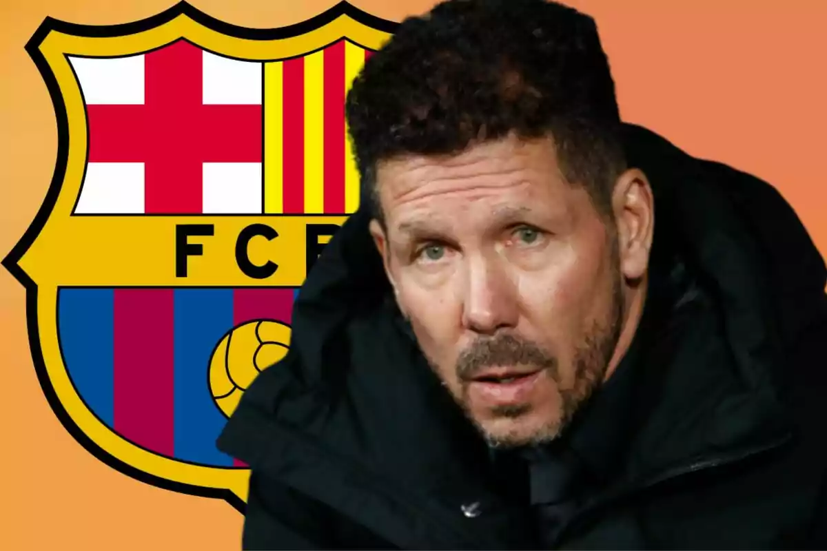 A man with a beard and dark hair appears in front of the FC Barcelona crest against an orange background.