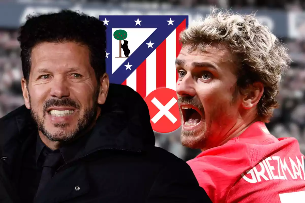 Dos personas frente al escudo del Atlético de Madrid.