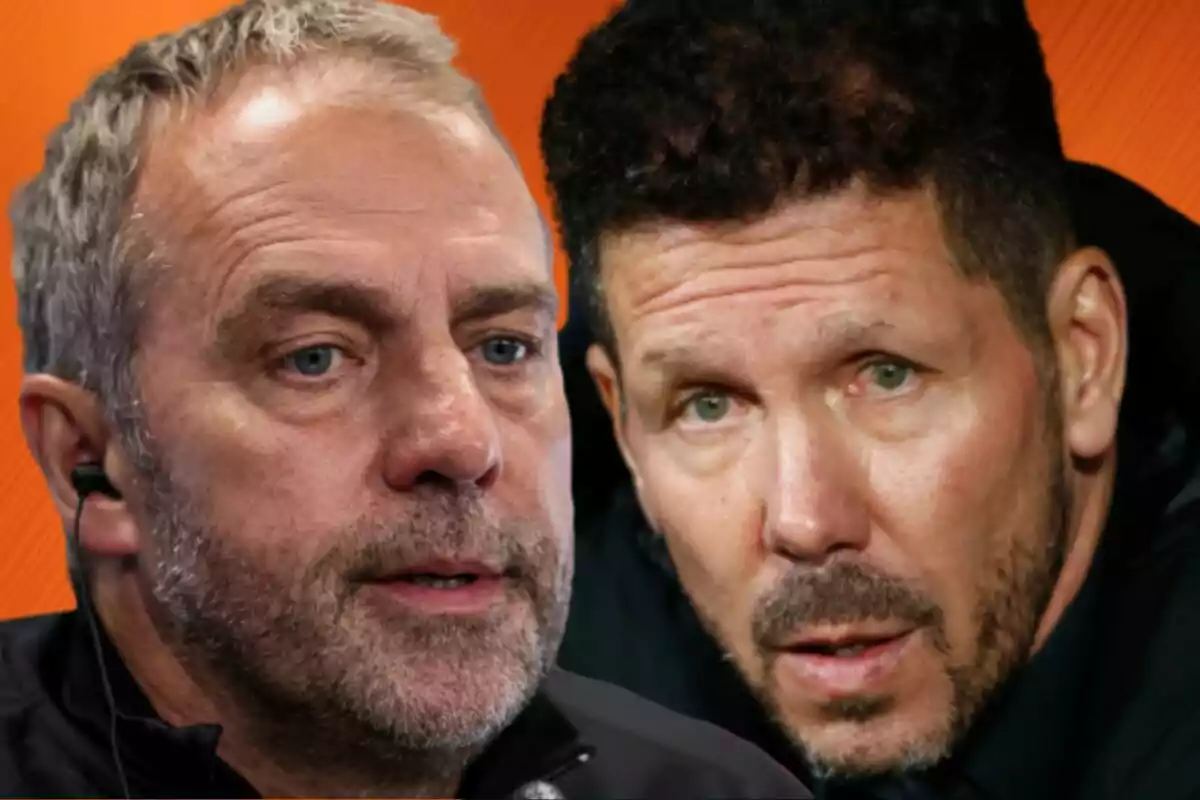 Dos hombres con expresiones serias en un fondo naranja.