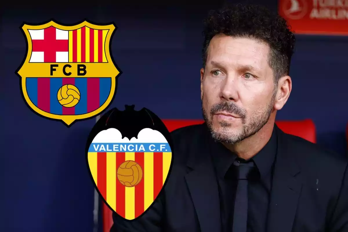 Imagen de Simeone en un montaje con los escudos del FC Barcelona y Valencia