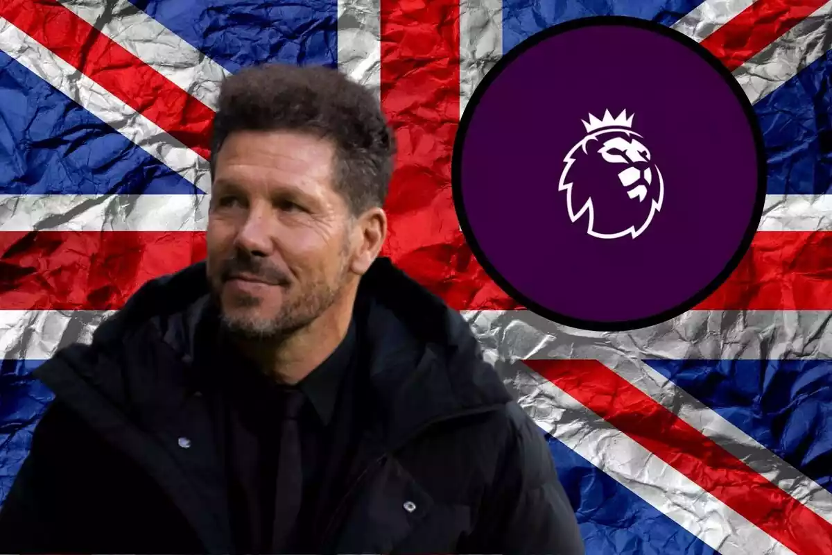 Imagen de Simeone en montaje con la bandera de Inglaterra y el logo de la Premier League