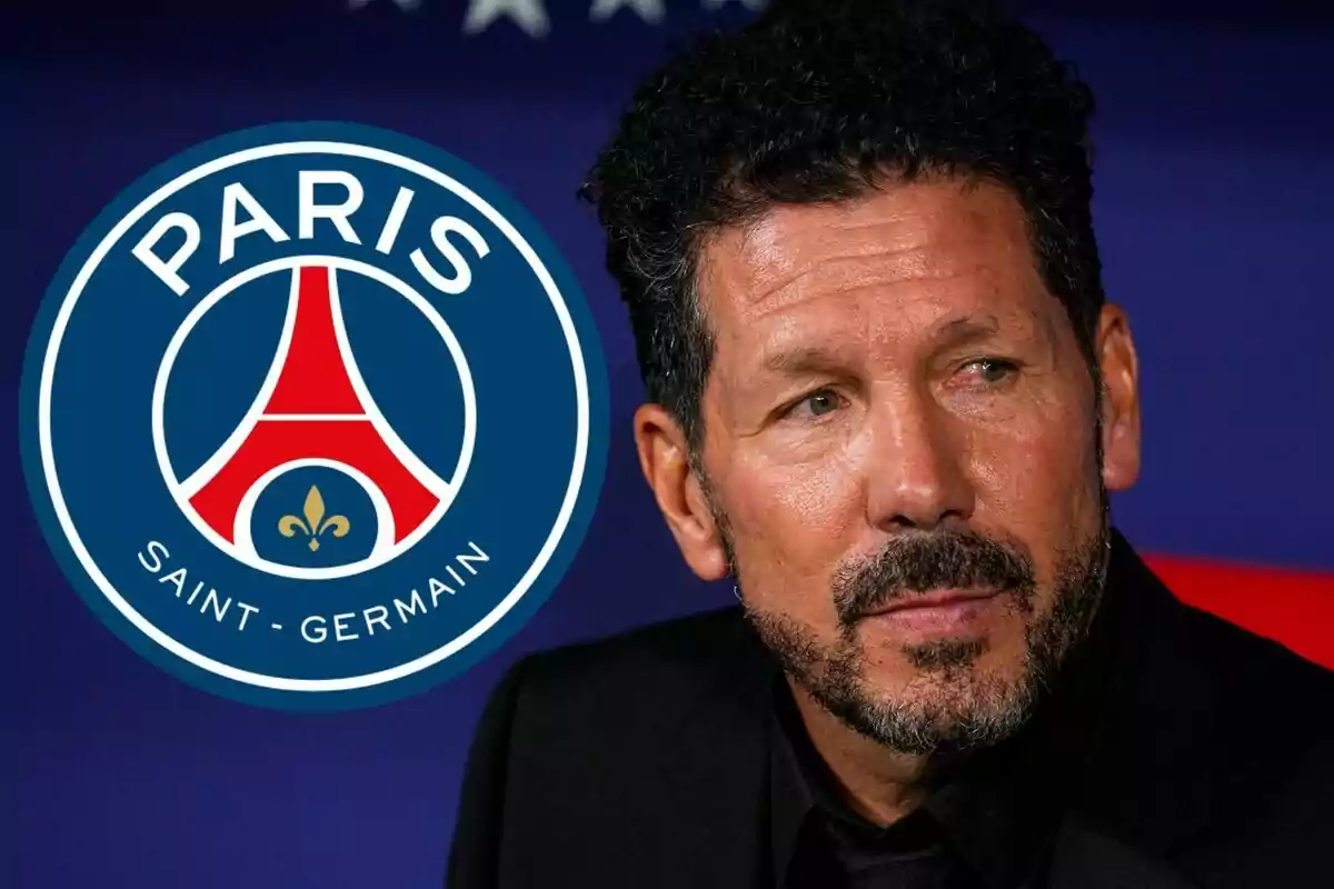 Un hombre con barba y cabello oscuro mira hacia un lado junto al logo del Paris Saint-Germain.