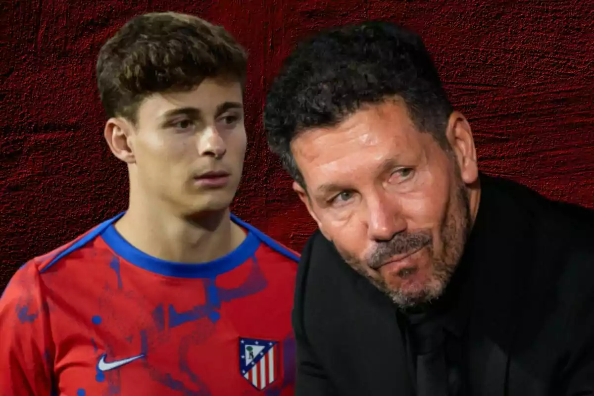 Two men, one in an Atlético de Madrid soccer uniform and the other in a dark suit, on a red background.