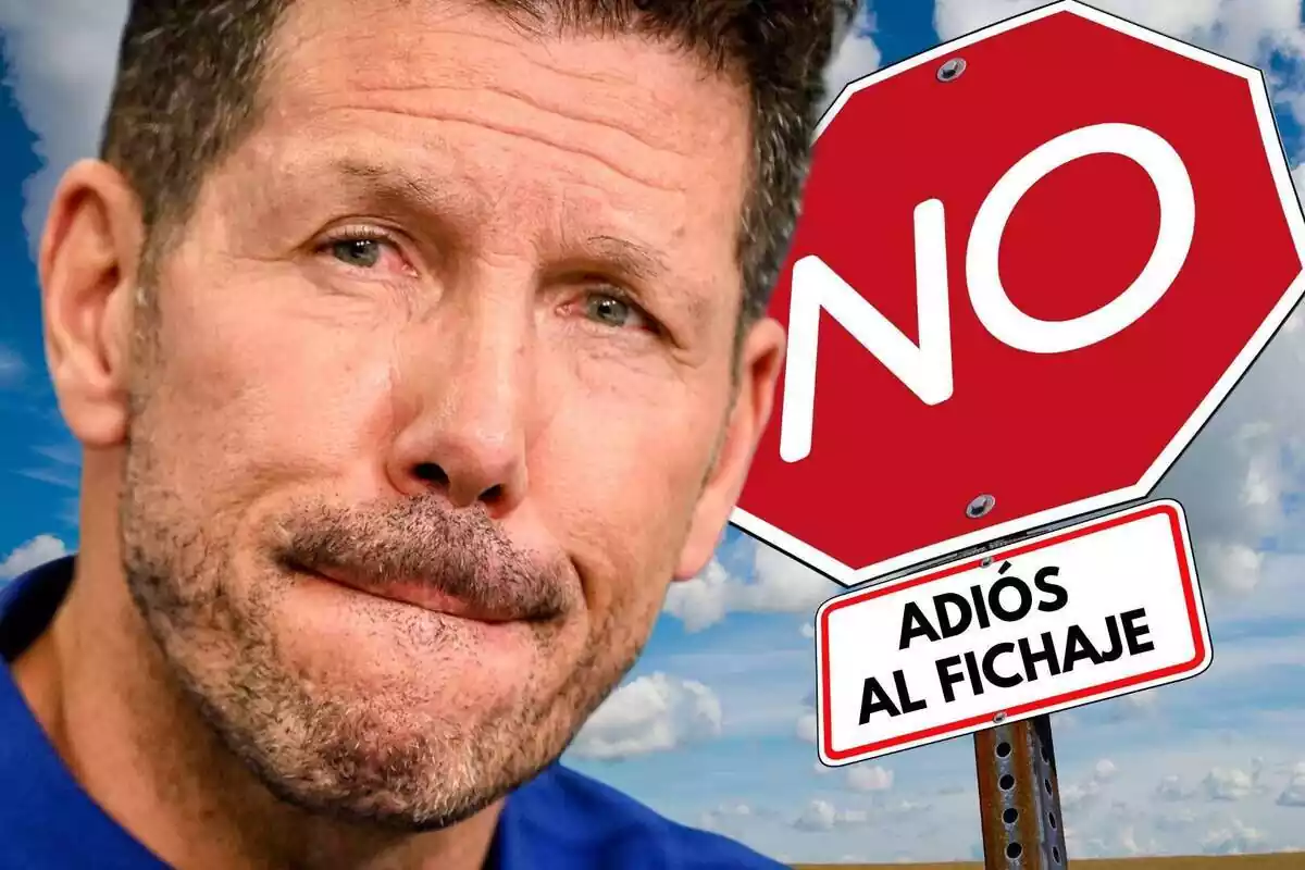 Diego Simeone junto a una señal en la que se puede leer 'NO'