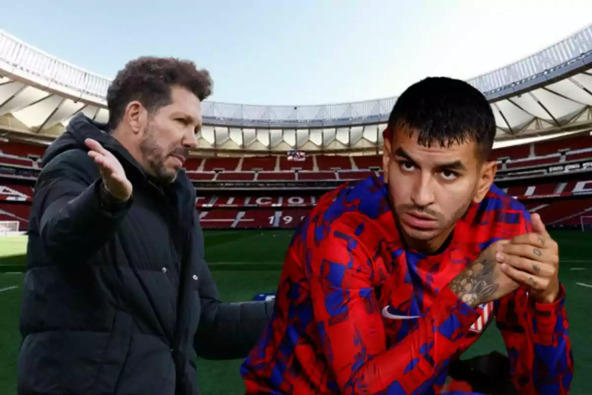 Imagen de Simeone y Ángel Correa en un montaje en el Metropolitano