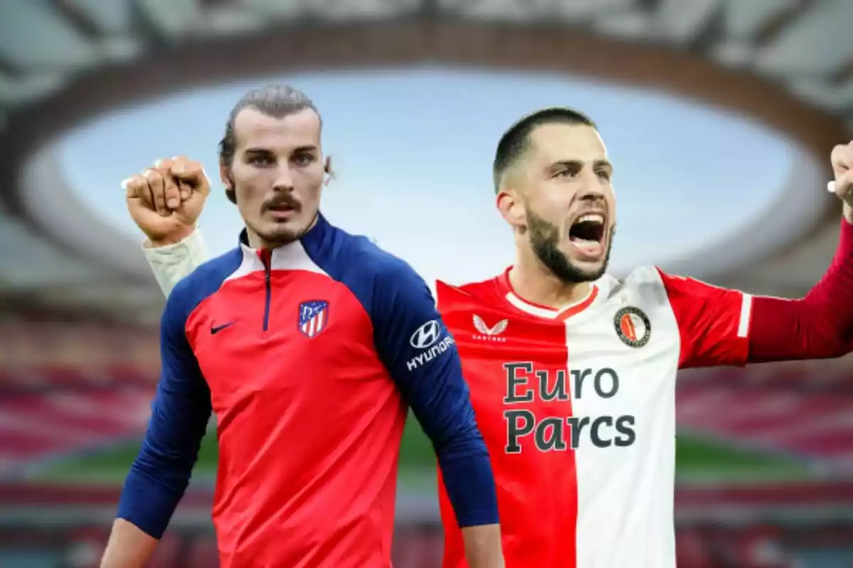 Dos jugadores de fútbol con uniformes de Atlético de Madrid y Feyenoord celebrando en un estadio.