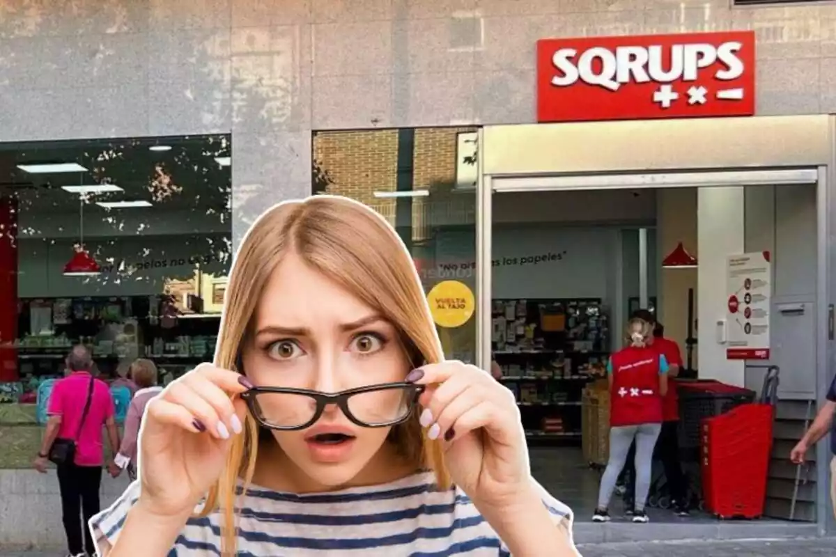Imagen de fondo de un supermercado Sqrups junto a otra imagen de una mujer con gesto sorprendido
