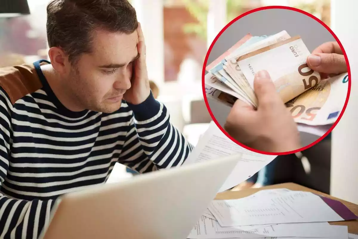 Imagen de fondo de una persona mirando facturas en un ordenador y otra de unas manos con muchos billetes de euros
