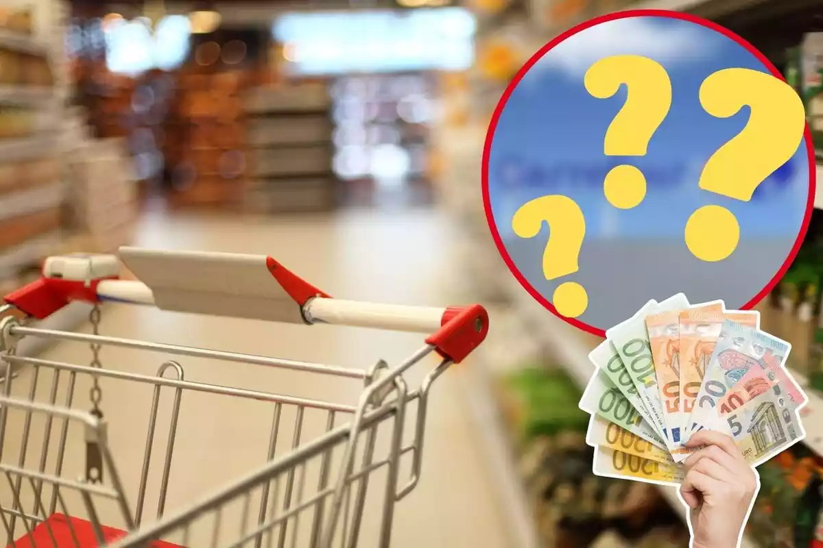Imagen de fondo de un supermercado con un carrito de la compra, junto a otra imagen de un logo de carrefour desenfocado y una imagen de una mano con billetes de euro