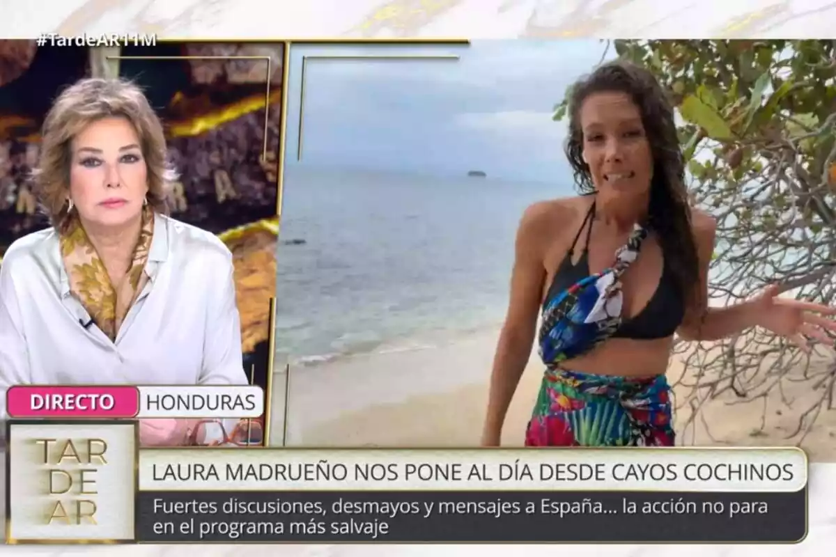 Captura de 'TardeAR' con Ana Rosa Quintana seria desde plató y Laura Madrueño hablando desde la playa de Honduras el 11 de marzo de 2024