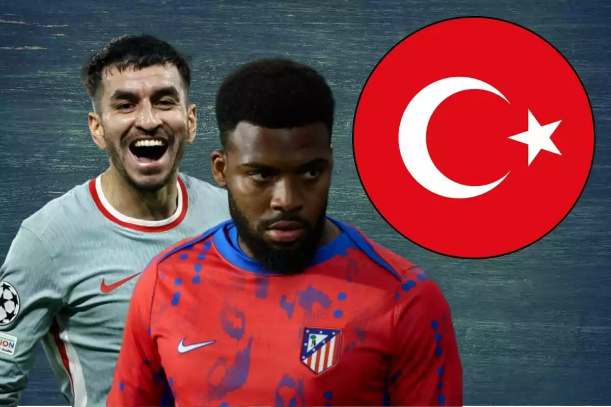 Two football players wearing Atlético de Madrid jerseys and a background with the Turkish flag.