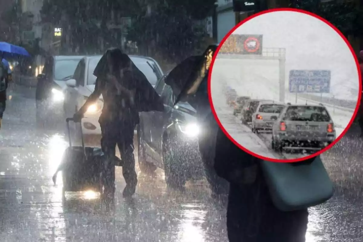 Coches y peatones en la calle en una jornada de lluvia, y en el círculo vehículos en una carretera con nieve