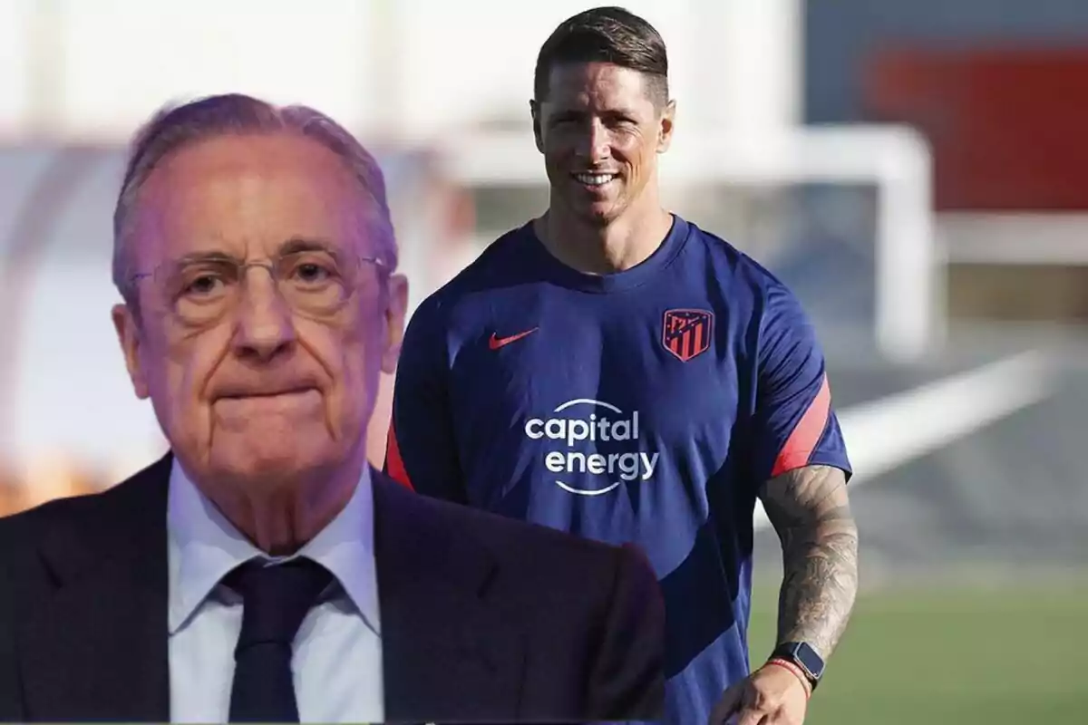 Dos hombres, uno con traje y corbata y otro con una camiseta deportiva del Atlético de Madrid, posan en una imagen compuesta.