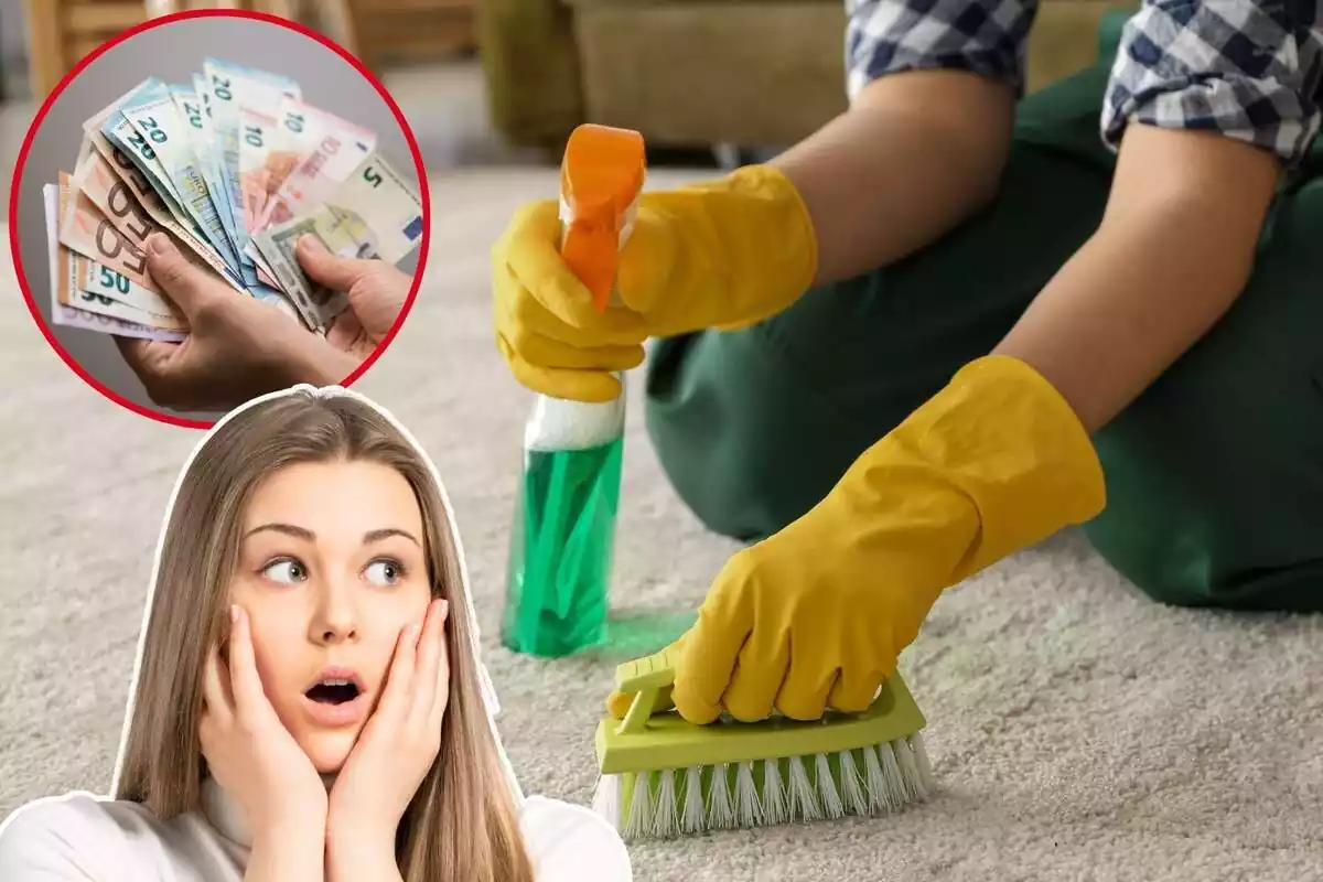 Imagen de fondo de una persona limpiando una alfombra con un cepillo y producto, junto a otra imagen de una mujer sorprendida y otra de una mano con billetes de euros