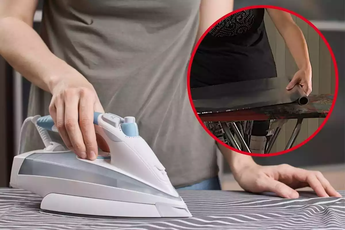 Imagen de fondo de una persona planchando y otra de una persona poniendo papel de aluminio en una tabla de plancha