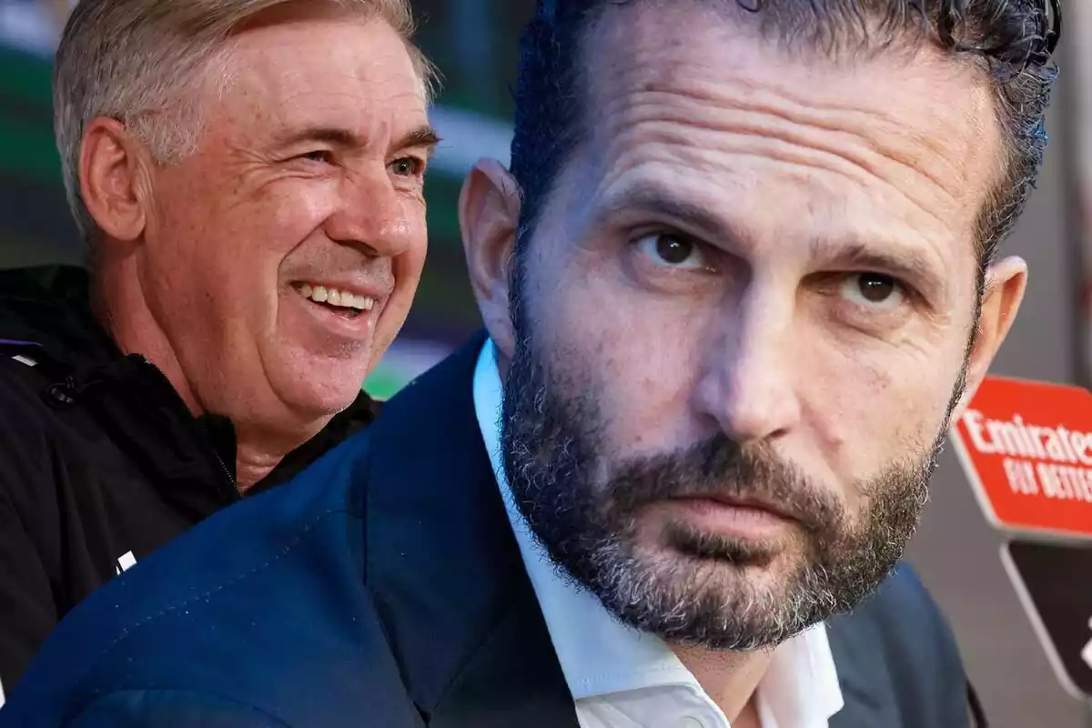 Rubén Baraja con el rostro serio mirando hacia arriba con Carlo Ancelotti riendo al fondo
