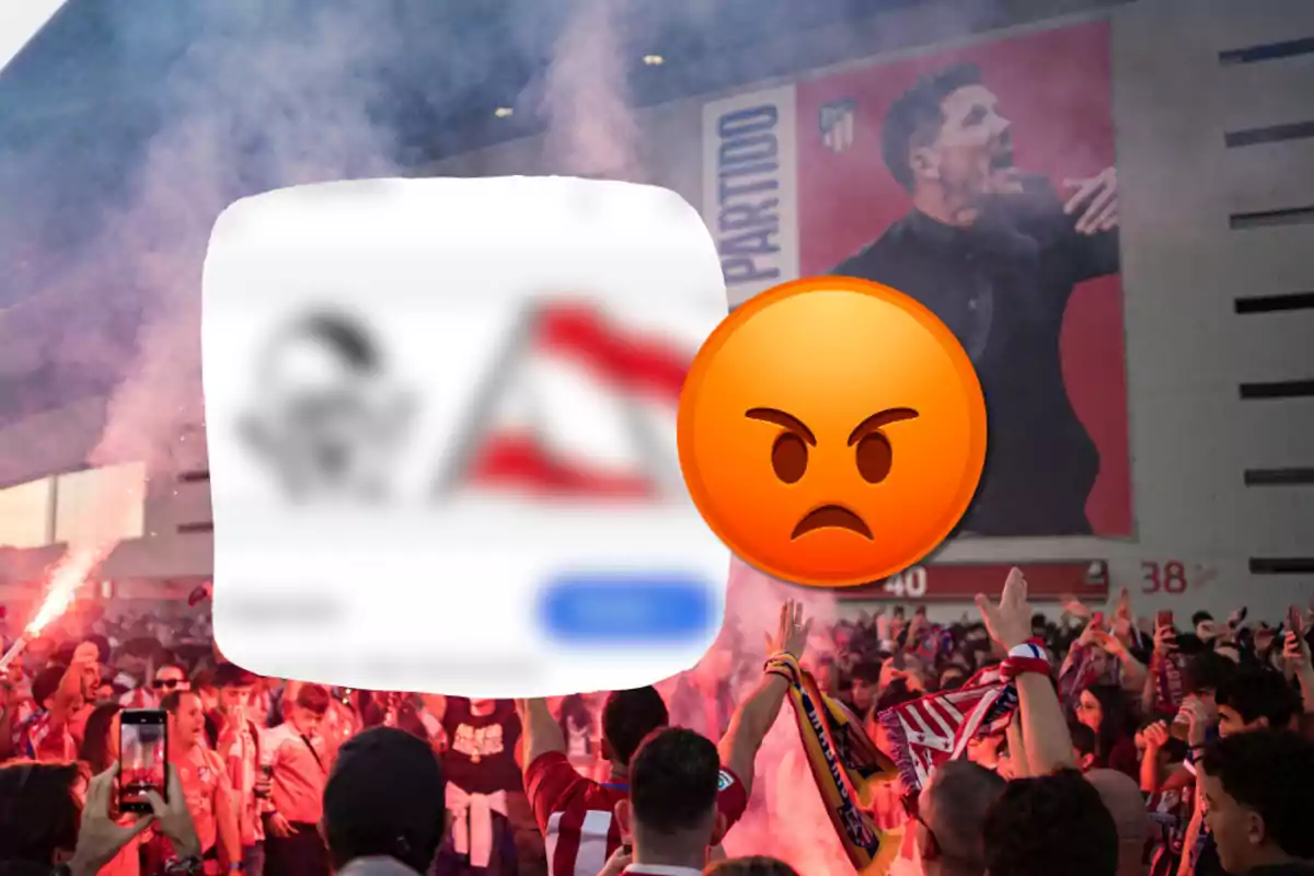 Una multitud de personas con bengalas y banderas se reúne frente a un estadio, con una gran pancarta de un hombre en el fondo y un emoji enojado superpuesto.