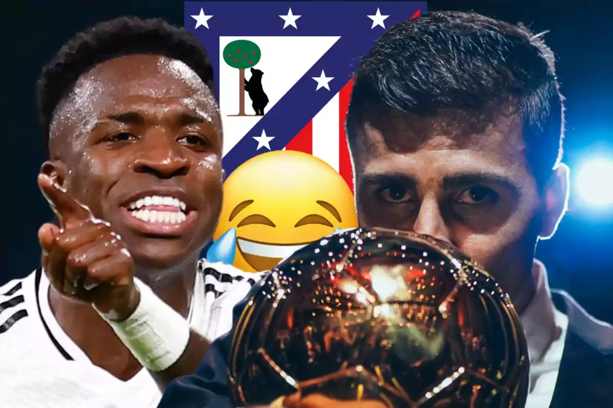 Dos jugadores de fútbol con un emoji de risa y el escudo de un equipo de fondo.