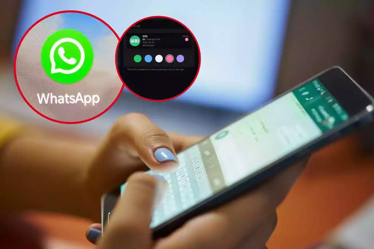 Imagen de fondo de una persona utilizando WhatsApp en un móvil, y otras dos imágenes, una de un logo de la aplicación y otra dentro de los ajustes de 'apariencia' de WhatsApp