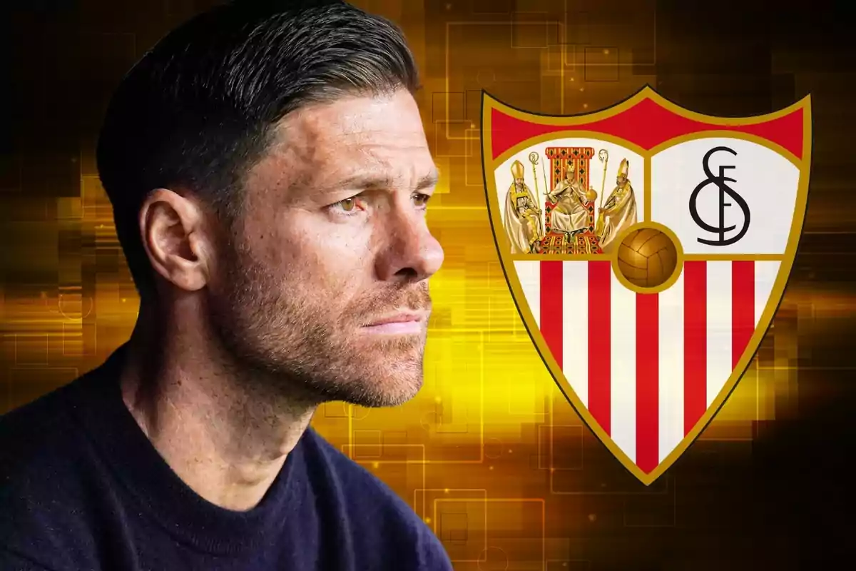 Hombre de perfil con barba y cabello oscuro junto al escudo del Sevilla FC sobre un fondo amarillo.