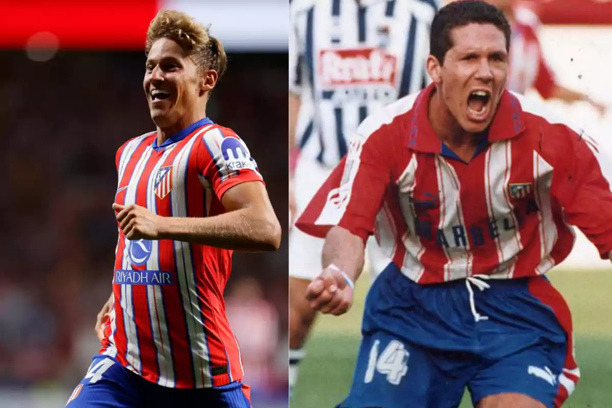 Dos futbolistas con la camiseta del Atlético de Madrid celebrando en diferentes épocas.